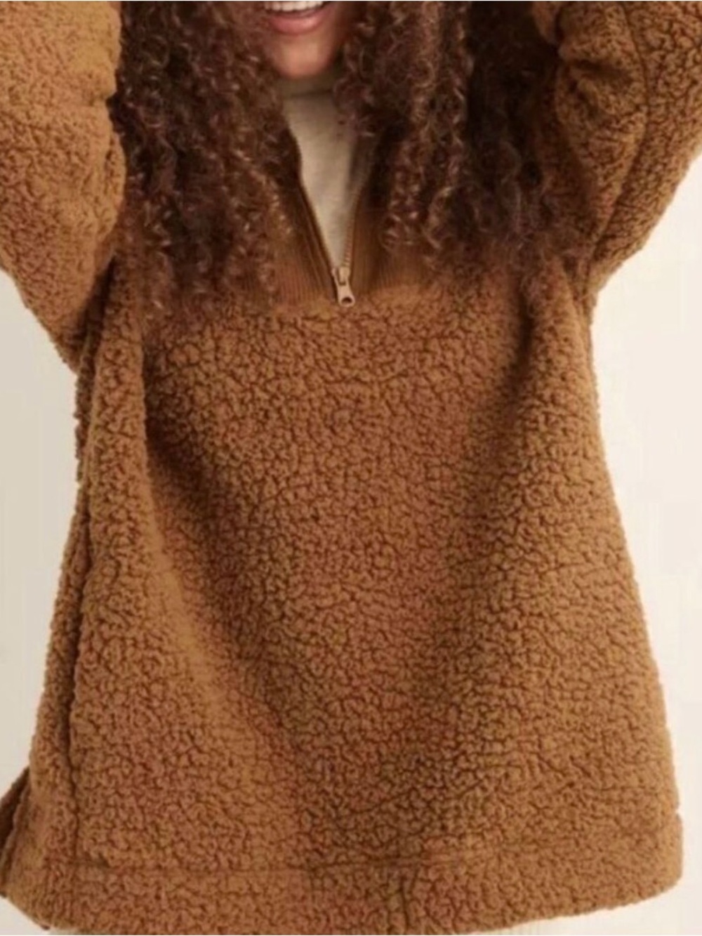 aerie dreams pullover Sherpa Chestnut Teddy Half‑Zip Pullover Jacket cozy large